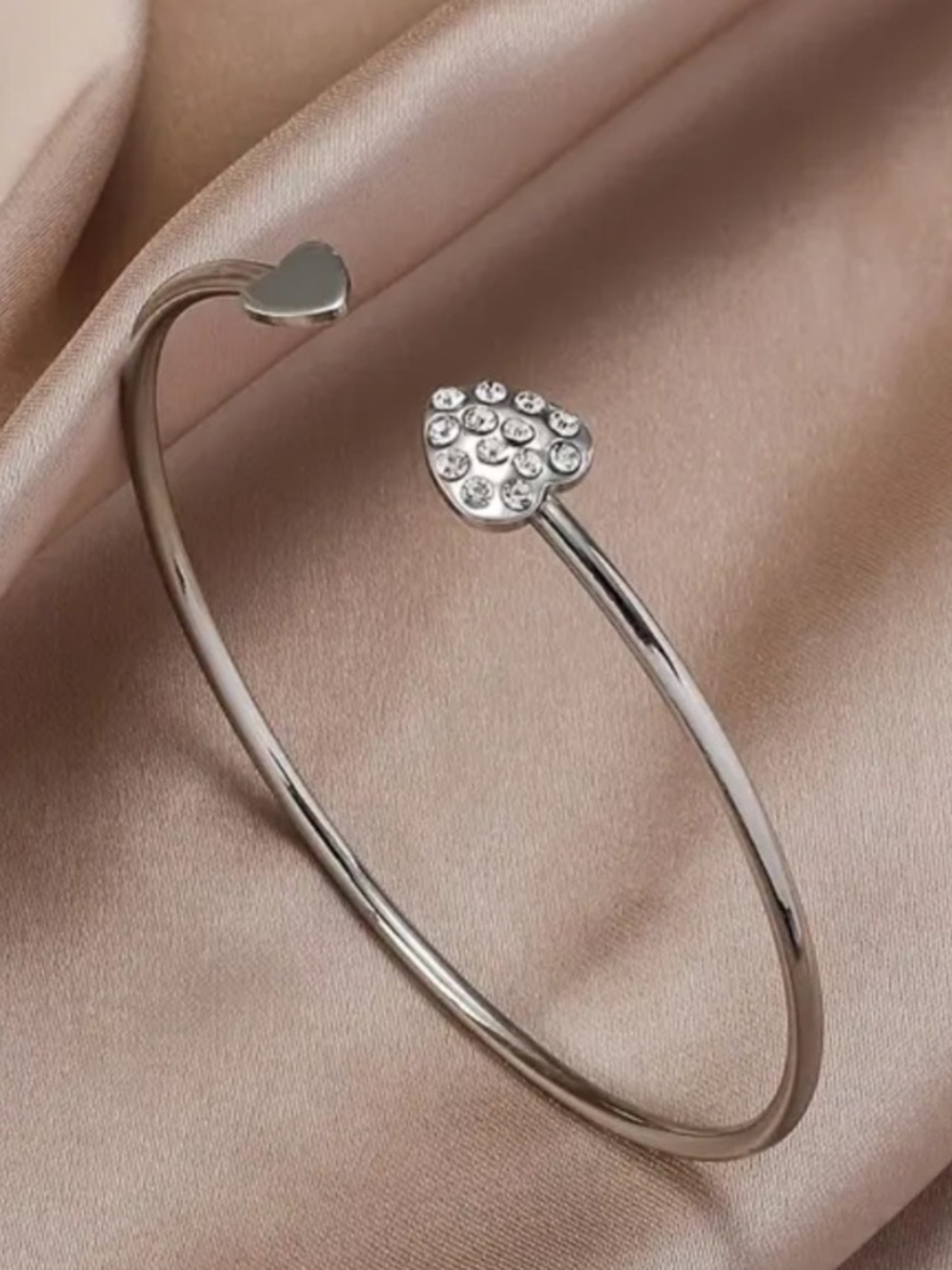 Silver Heart Open Bangle Bracelet with Crystal Accents - Picture 3 of 4